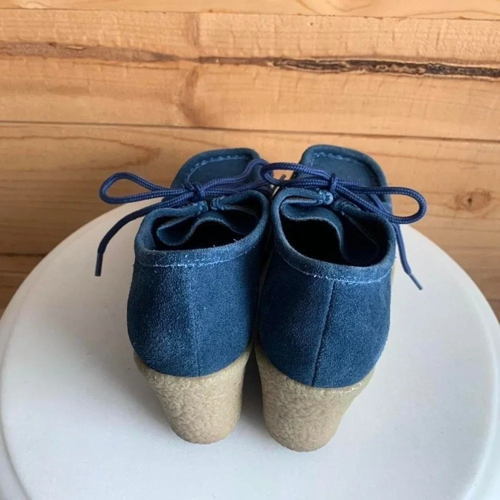 Vtg Candies Blue Leather Suede Wedge Shoes Sz 7‎ Square Moc Toe Y2K Lace Up